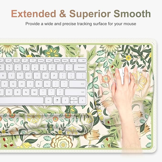 4 in 1 Large Mouse Pad, Keyboard Wrist Rest Set, Ergonomic Mouse Pad with Wrist Support, Desk Mat with Stitched Edges Extended Desk Pad Waterproof Desk Mat for Home Office Game I Green Flower Plants
