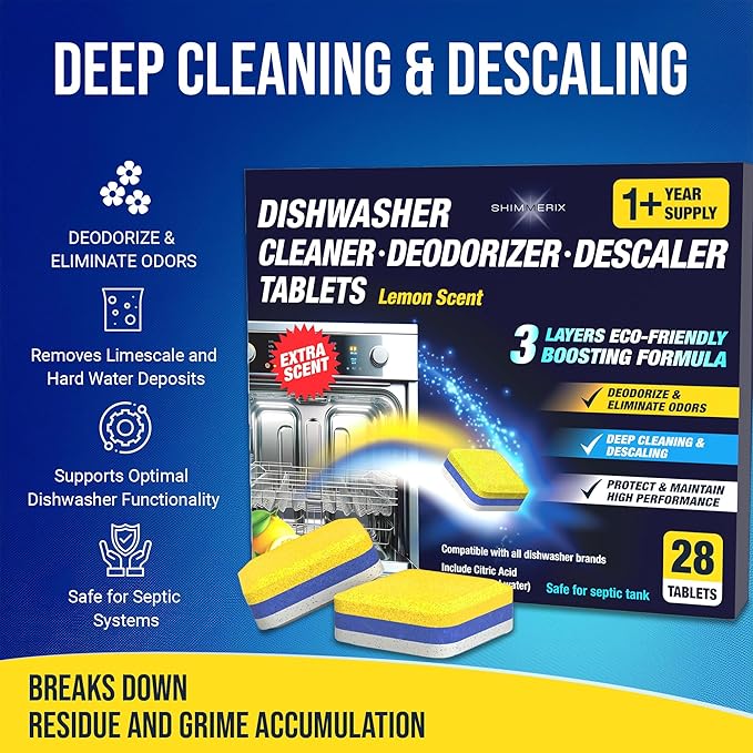 Washing Machine & Dishwasher Cleaner Tablets for Pet Owners - Front & Top Load Washer Deep Clean - Remove Pet Hair & Odors - Hard Water Descaler with Citric Acid - HE & Septic Safe - 28 Tabs - Lemon S