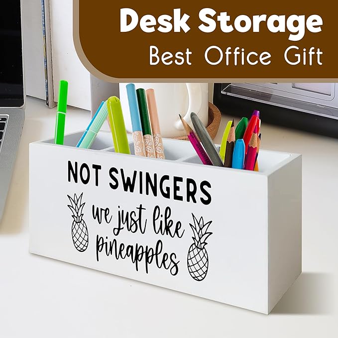 Funny Office Desk Pen Holder, Not Swingers We Just like Pineapples Decor for Home Humor Gifts, Funny Gifts for Women Men Wooden Pencil Holder Organizer for Desk Accessories