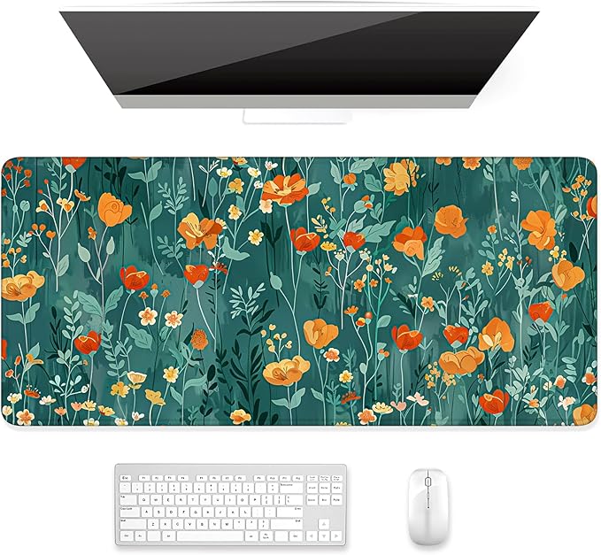 Auhoahsil Desk Mat, Ultra Large Mouse Pad, XXL Gaming Mousepad, Pretty Desk Pad, Big Extended Full Size Desktop Desk Matt for Keyboard, Laptop & Computer, 35.5 x 15.7 in, Green Flowers