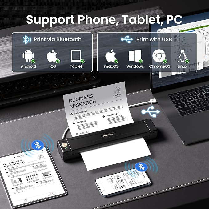 Phomemo M08E Portable Printers Wireless for Travel, Bluetooth Inkless Thermal Printer Support 8.5'' x 11'' US Letter, Compatible with iPhone, Android Phone, Laptop for Office Car Home Use