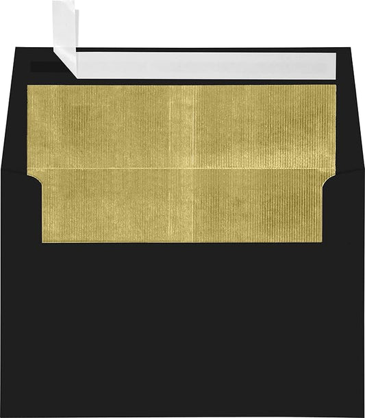 LUXPaper A4 Foil Lined Invitation Envelopes | Peel & Press | 4 1/4" x 6 1/4" | Black w/Gold LUX Lining | 80lb. Text | 50 Qty