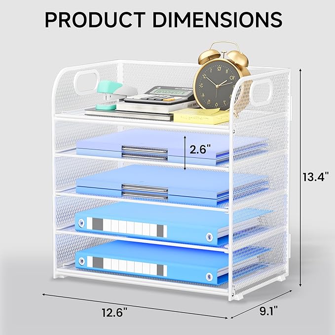 5 Tier Paper Organizer for Desk Organizer with Handle Mesh Letter Tray Organizer and Accessories Paper Sorter for Office or School-White