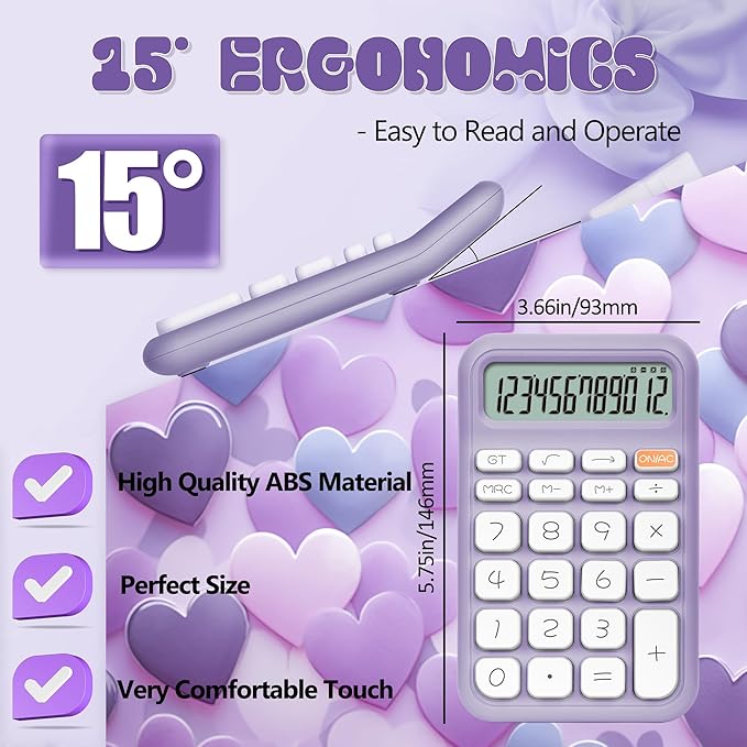 Desk Calculator,12 Digits, Large LCD Display,Big Buttons,Cute and Aesthetic,Suitable for Office and Study (Purple, S)
