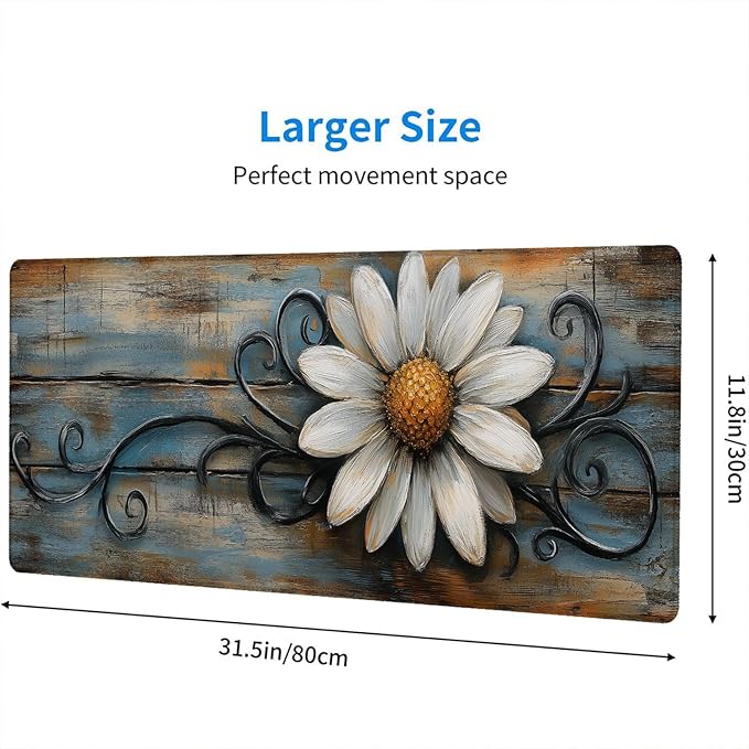 Rustic White Daisy Desk Pad Floral Farmhouse Spring Country Extended Gaming Mouse Mat with Stitched Edge Non-Slip Base Big Office Computer Keyboard Laptop Home 31.5"x11.8"