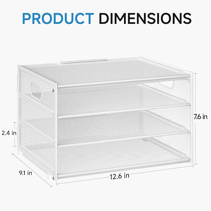 Lavatino 3-Tier Letter Tray Desk Organizer, Mesh Metal Paper File Tray Organizer for Desk, Office Supplies & Home Organization, Fits A4 Paper, Mail, Magazines & Office Accessories (White with Handle)