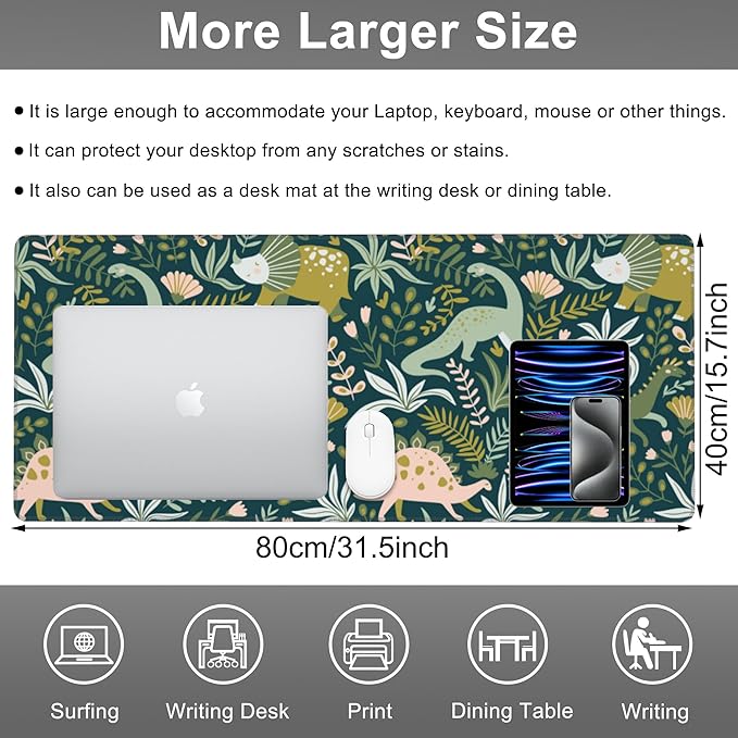Mouse Pad, Large Dinosaurs with Tropical Plants Desk Mat, Extended Non-Slip Gaming Keyboard Mousepad Desk Pad, Thick Stitched Edges Waterproof Mouse Mat 31.5"x15.7" (Cute Dino and Flowers)