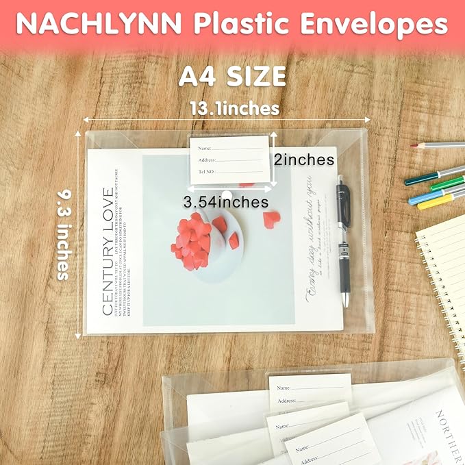 NACHLYNN 18 Pack Plastic Envelopes Plastic Folders With Snap Closure, A4 Size Clear File Envelopes with Label Documents Folders Organizers for Home Work Office Organization
