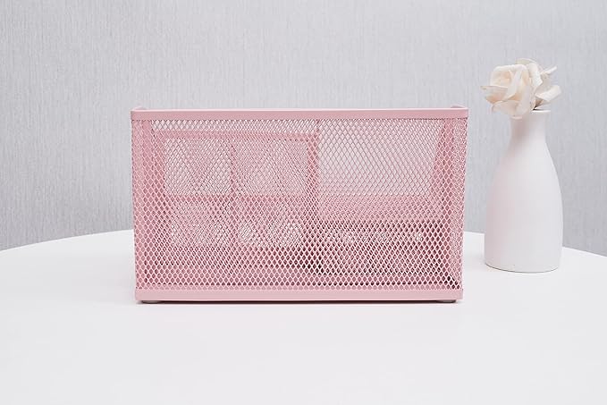 Annova Mesh Desk Organizer Office with 7 Compartments + Drawer/Desk Tidy Candy/Pen Holder/Multifunctional Organizer (Light Pink)
