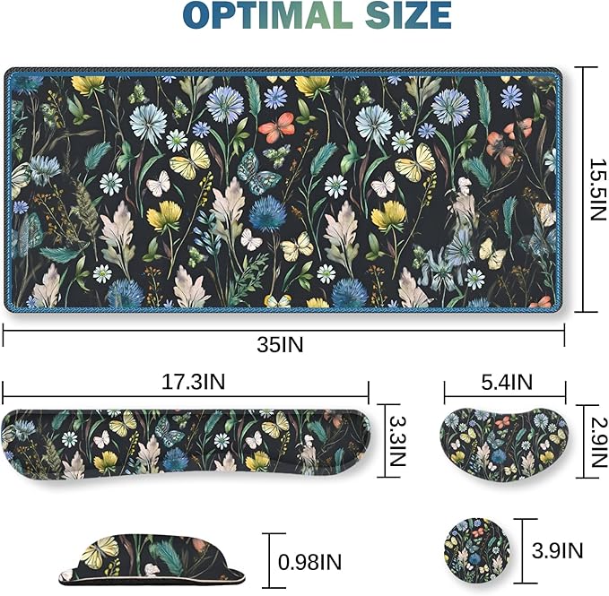 ARTSO Keyboard Mouse Pad Set, Extended Mouse Pad with Keyboard Wrist Rest Support, Memory Foam Ergonomic Desk Pad Set for Home Office, Flower Leaf Butterfly