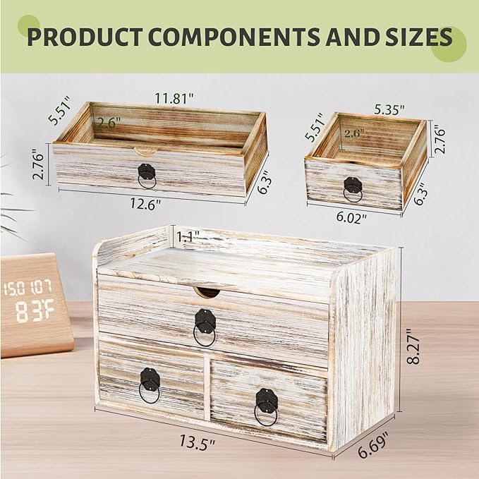 Vintage Wood Desk Organizer, Small Desk Organizer with Drawers, Tabletop Storage Organization Box for Office Home Toiletries Supplies, No Assembly Required (3 Drawer and Shelf)