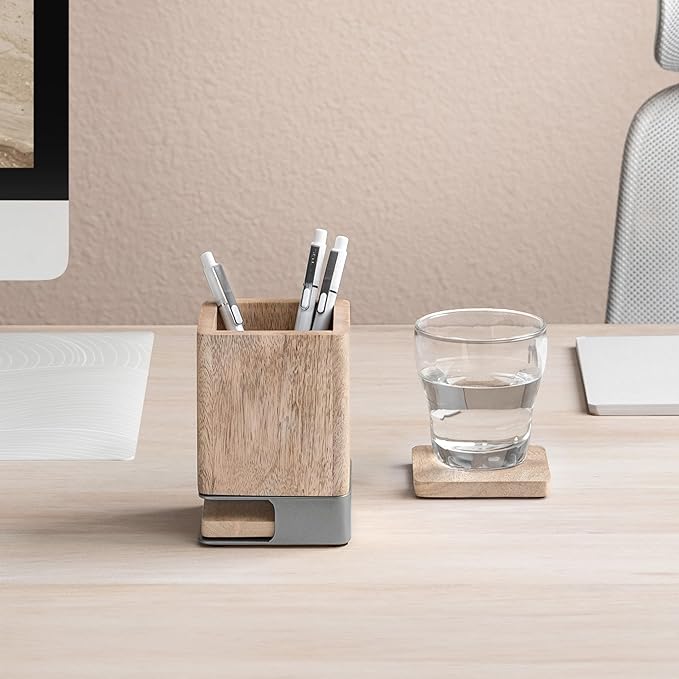 Anji Mountain Mango Wood Pen Holder with 2 Coasters, Stained Wood & Powder Coated Metal Pen Holder, Sustainable Room Decor Desk Organizer, Stylish Designer Pencil Case for Office Supplies