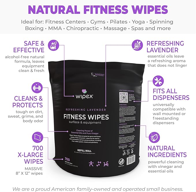 Wipex Gym Wipes Refill, 700 Count, Large 8"x12" Fitness Equipment Wipes with Cleaning Vinegar and Refreshing Lavender Essential Oil for Yoga Mat Cleaner, Fits Dispensers, 700 Count (Pack of 1)