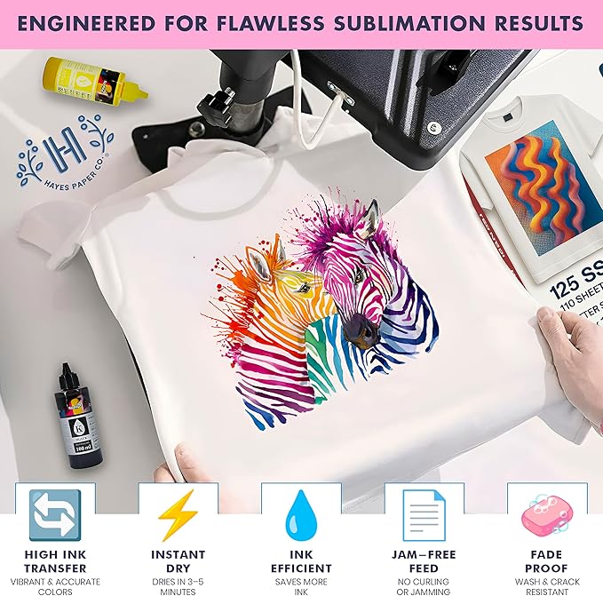 Hayes PinkTech Sublimation Paper 8.5x11 Inch 110 Sheets 125gsm for Inkjet Printer Epson Canon Sawgrass Heat Transfer Paper Works with Sublimation Ink for T-Shirts Mugs Tumblers Sublimation Blanks