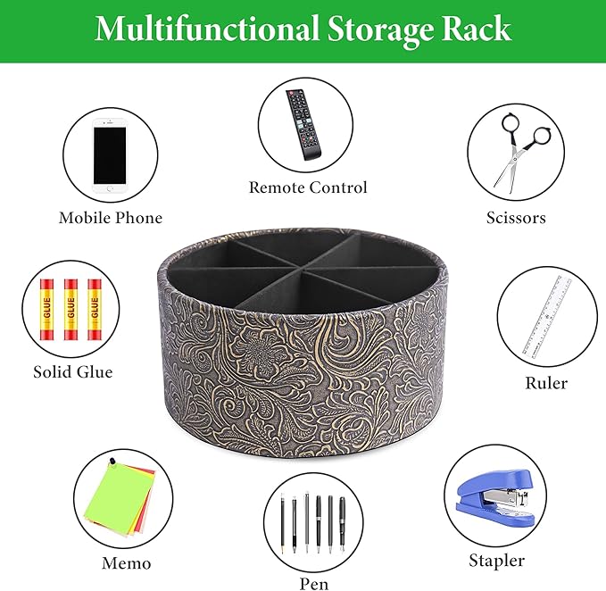 lizimandu Remote Control Holder, 360°Spinning PU Leather Desk TV Remote Caddy,Desk Storage Box Room Accessories for Controller, Media,Mail,Calculator, Mobile Phone,Pencil(1B-Carved Cooper Gold)