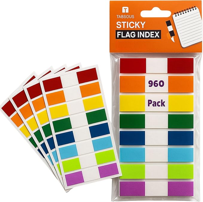 Tabsous 960 Sticky Tabs - Repositionable, Writable Index Tabs & Page Flags for Books, Files, and Notes - Transparent Colored Markers for Organizing, Highlighting, Classifying Documents (08 Colors)