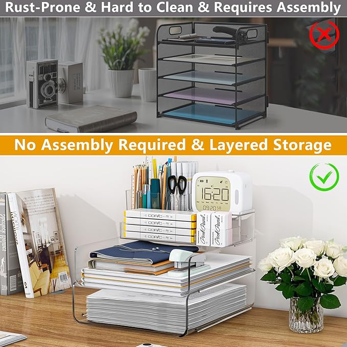 Paper Organizer Letter Tray - Acrylic Stackable Desk File Organizer with 5-Gird Tray and Pencil Holder, Clear File Organizer for Desk, Office Organizer for File Paper, Ipad, Letter, Small Item Etc