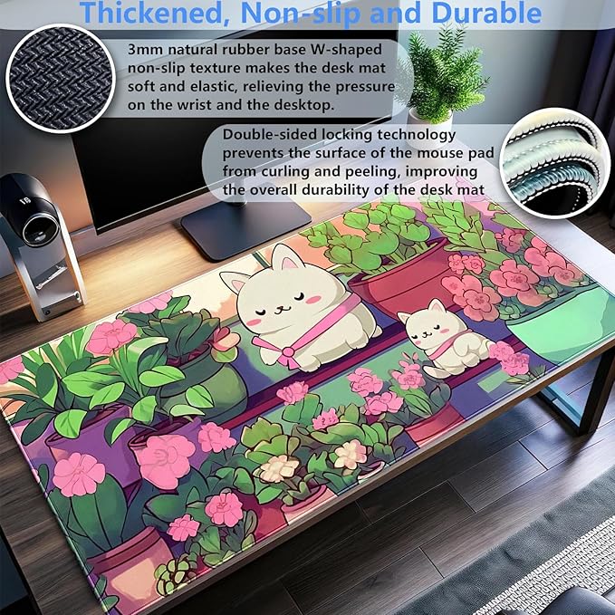 Cute Desk Mat Cat Mouse Pad Gaming Mousepad XXL Kawaii Desk Matt Pink Green Floral Keyboard Mat, Laptop Computer Desktop Decor Mat with Stitched Edges, 3mm Thick Non-Slip Rubber Base 31.5x15.7 in