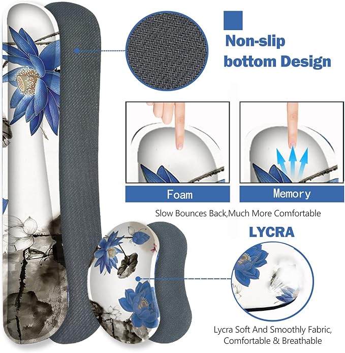 ARTSO Extended Gaming Mouse Pad Set, Keyboard Wrist Rest Support Pad + Wrist Cushion + XXL Large Mouse Pad + Coaster, Stitched Edge, Non-Slip, Memory Foam Desk Mat, Blue Lotus Ink Painting