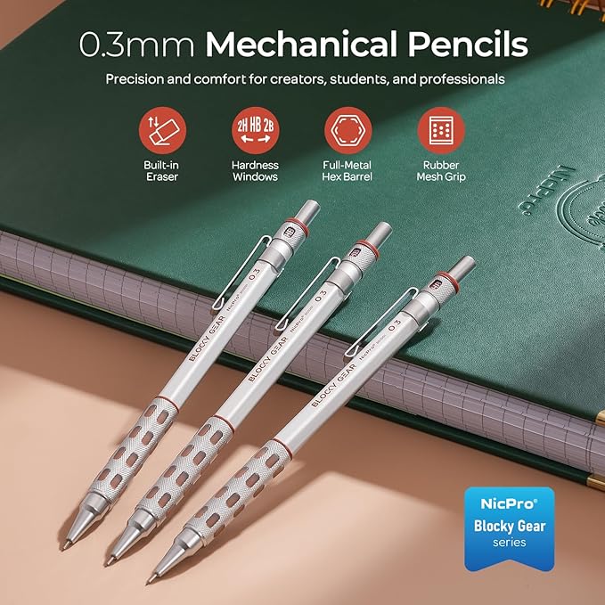 Nicpro 3 Pack Blocky Gear 0.3 mm Metal Mechanical Pencils Set with Case, Lead Drafting Pencil with 8 Tube (480PCS) Lead Refills, 4 Erasers, 18 Eraser Refills for Art Writing, Sketching Drawing