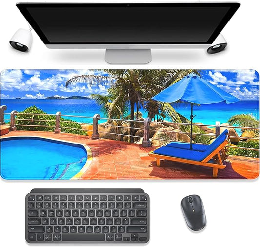 Swimming Pool and Sea Desk Pad Mouse Pad,Large Summer Blue Gaming Mouse Mat with Stitched Edges,Non-Slip Waterproof Rubber Base Mousepad for Office Work Home Desk Mat(27.5X11.8 in)