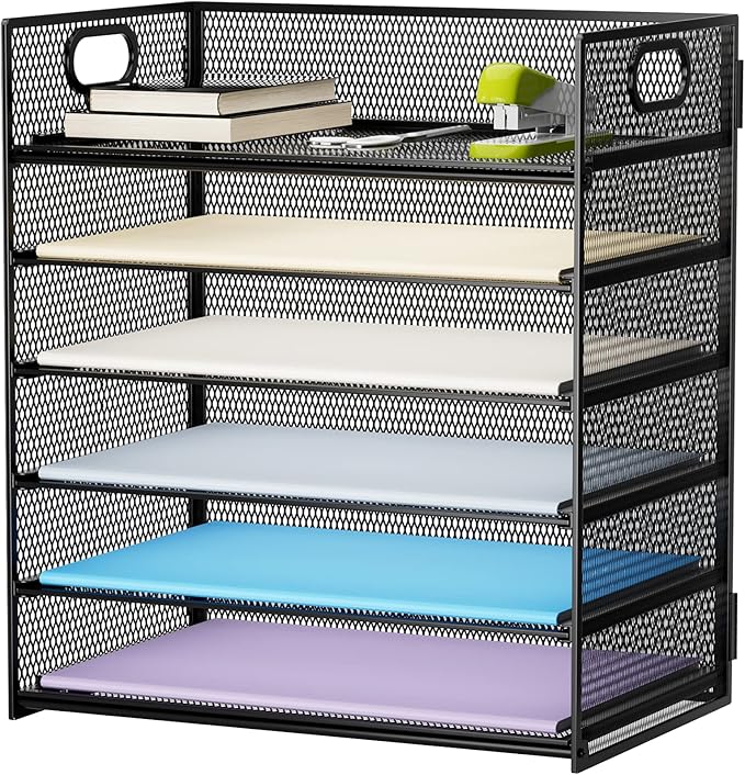 Marbrasse 6 Tier Paper Organizer Letter Tray - Mesh Desk File Organizer with Handle, Paper Sorter Organizer for Letter/A4 Office File Folder Holder - Black