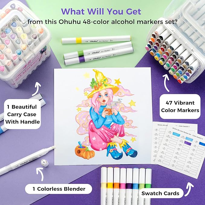 Ohuhu Markers: 48-Color Double Tipped Brush & Chisel Alcohol Markers for Adults Coloring Illustration, Alcohol-based Art Marker Set with Unique Designed Grip, Great Value Pack for Beginners