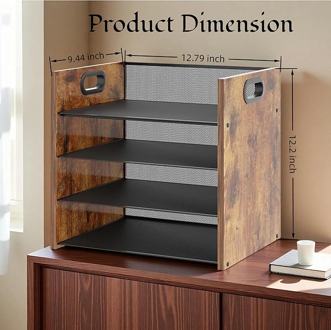 Wood Desk Organizer - 4-Tier Desktop File Organizer, Wooden Paper Organizer, Office Desk Organizer for Papers, Mail, Notebooks, Stationery