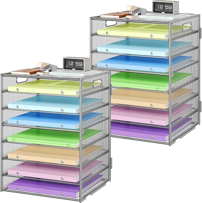 Paper Organizer with Handle 8 Tier Metal Mesh Desk File Organizer Large Capacity Desk Organizers Paper Letter Tray Desktop Document Sorter for Office, Home or School 2 Pack Silver
