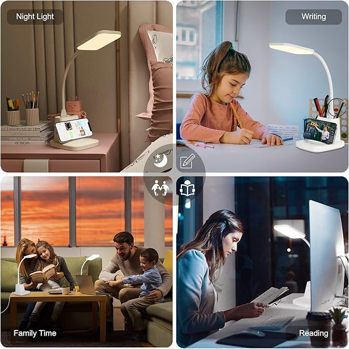 LED Desk Lamp with Wireless Charger, Sailstar White Desk Light with Pen Holder, 3 Color Modes with Stepless Dimming, CRI 85, 800 Lumen, Study Lamps for College Dorm Room, Home Office, Adapter Included