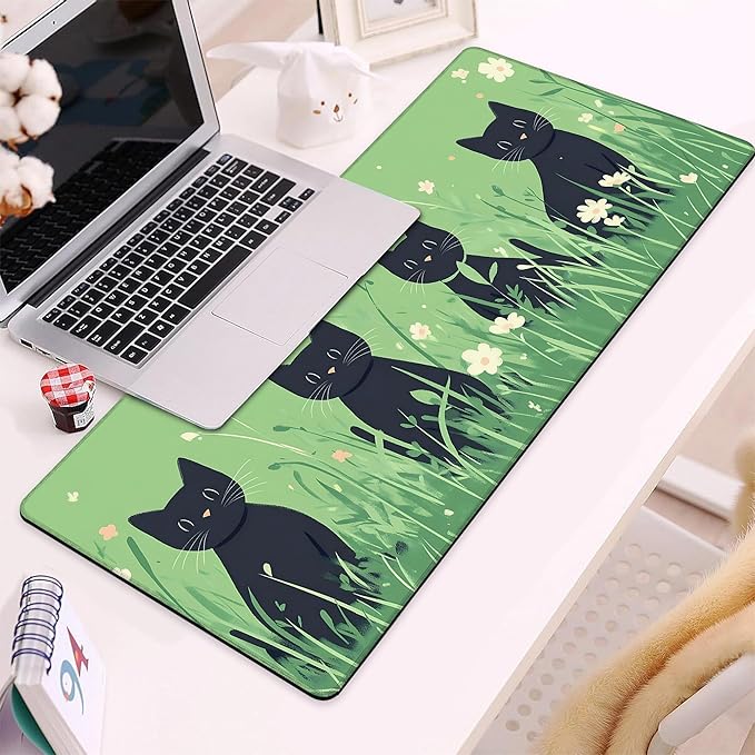 Gaming Mouse Pad, Anime Black Cats and Flowers Large Desk Mat for Keyboard and Mouse,Non-Slip Rubber Base and Stitched Edges Desk Pad for Home Office 35.4x15.7in