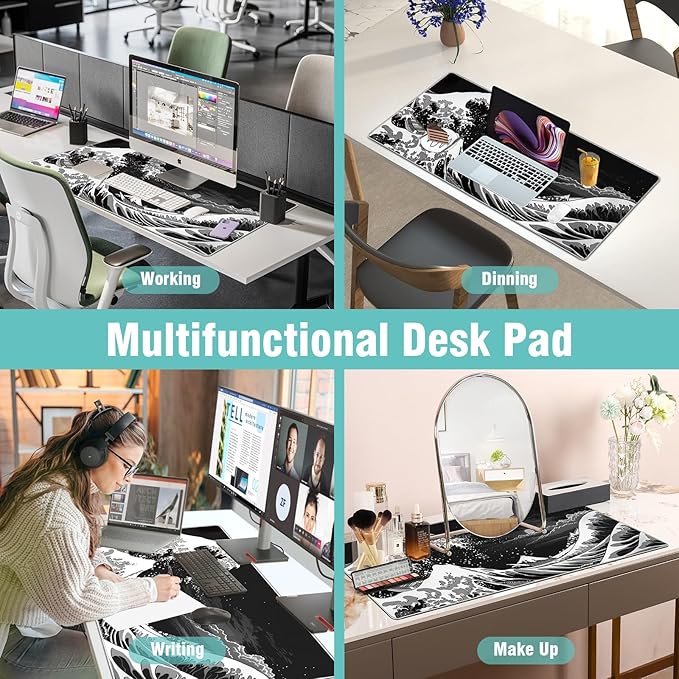 Japanese Sea Wave Gaming Mouse Pad, 31.5×11.8in Japanese Kanagawa Black Mousepad Desk Mat, High-Performance Smooth Precision Fabric Mousepad for Fluid Control, Stable Non-Slip Rubber Base Mouse Pad