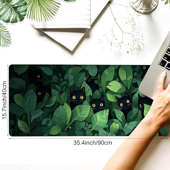 Desk Pad, Cute Anime Cats in Green Leaves XXL Gaming Mouse Pad with Stitched Edges,Non-Slip Waterproof Rubber Base Large Desk Mat for Keyboard and Mouse 35.4"x15.7"