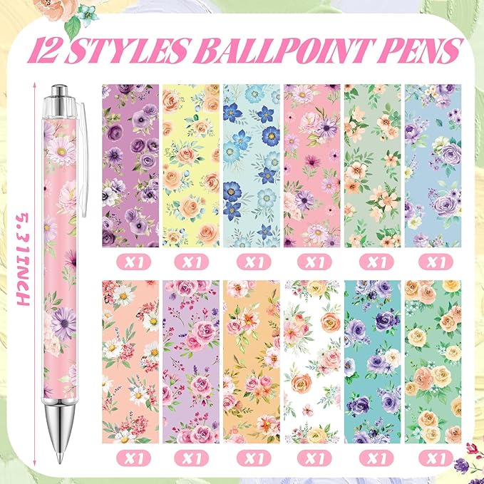 24 Pcs Floral Sticky Notes with Pens Flowers Self Adhesive Notepad Black Ink Ballpoint Pen Office School Students Teacher Supplies Gifts