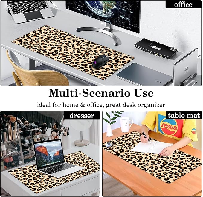 Brown Leopard Desk Pad Protector, Stitched Edges Mouse Pad, Large Office Mat, Non-Slip Blotter, Laptop Pad, Writing Pad for Office and Home (31.5" x 15.7")