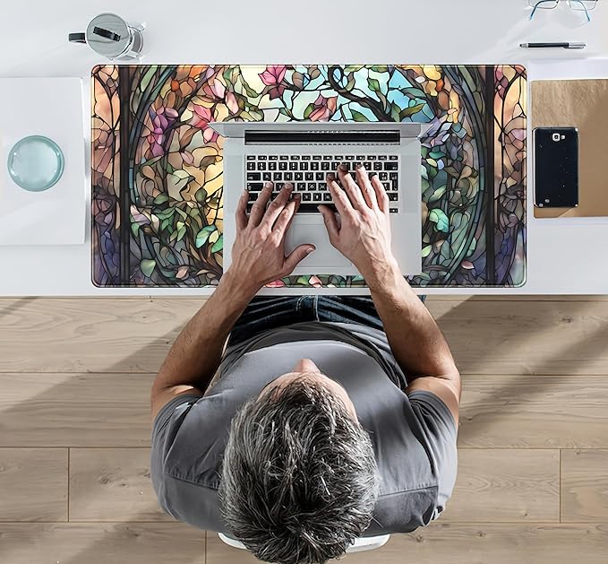 Stained Glass Tree Desk Mat Cartoon Tree Gaming Mouse Pad Large XXL Extended Desk Matt for Desktop, Laptop Computer Keyboard Mouse Mat for Women Office Decor Accessories Deskmat 31.5''x15.7''