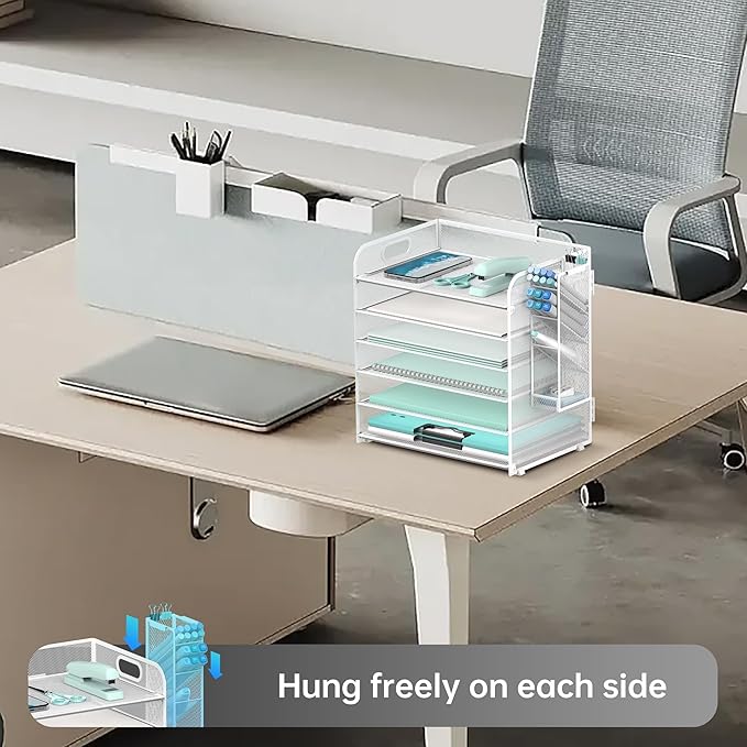 SUPEASY 6 Tier Paper Organizer with 4 Pen Holders, Mesh Letter Tray with Handle, Paper Tray Organizer for A4 Files, White