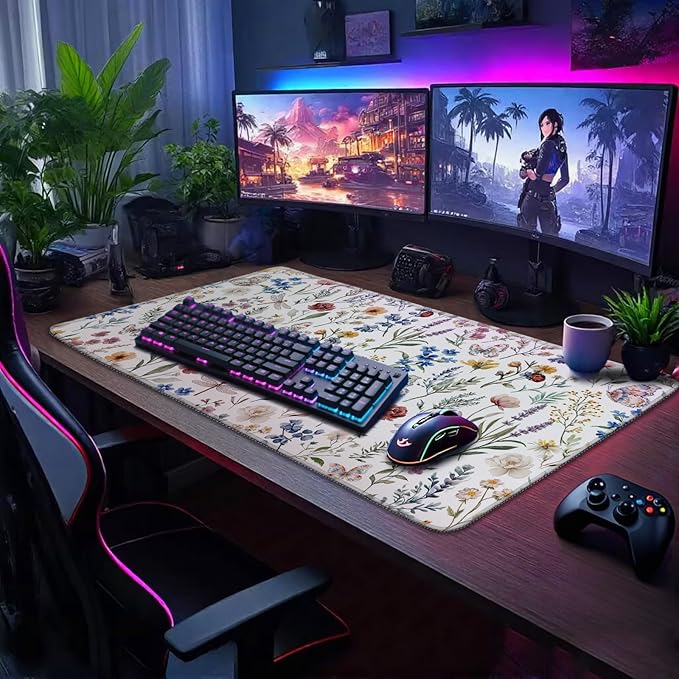 Flower Large Gaming Mouse Pad 31.5"x15.7"｜ Weed Floral Plants XXL Desk Mat, Non-Slip Rubber Base & Stitched Edges - Extended Waterproo Mousepad for PC/Laptop/Office/Home Decor