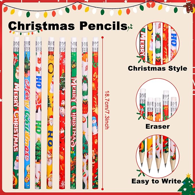 48 Pcs Christmas Pencils Set 24 Christmas Pencil with Eraser 24 Christmas Silicone Bracelets Xmas Wooden Pencils Christmas Wristband Rubber Bracelets Christmas Stocking Stuffers