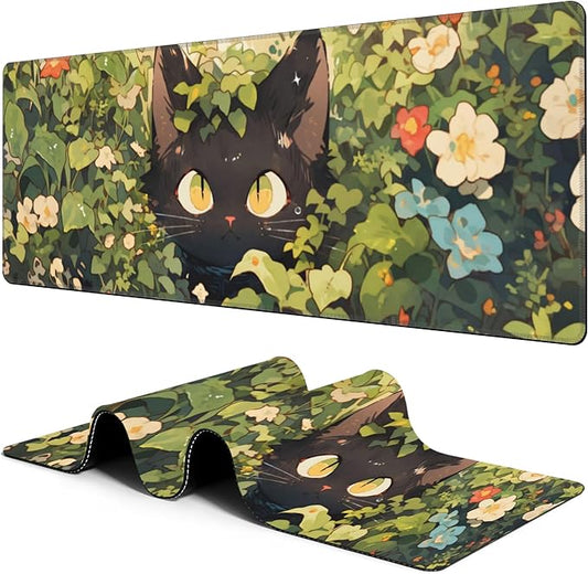 Large Mouse Pad Black Cat in Flower Garden Extended Gaming Mousepad Waterproof Desk Pad with Non-Slip Base and Stitched Edge Keyboard Pad 11.8 x 31.5 Inch Mouse Mat for Home Office Decor