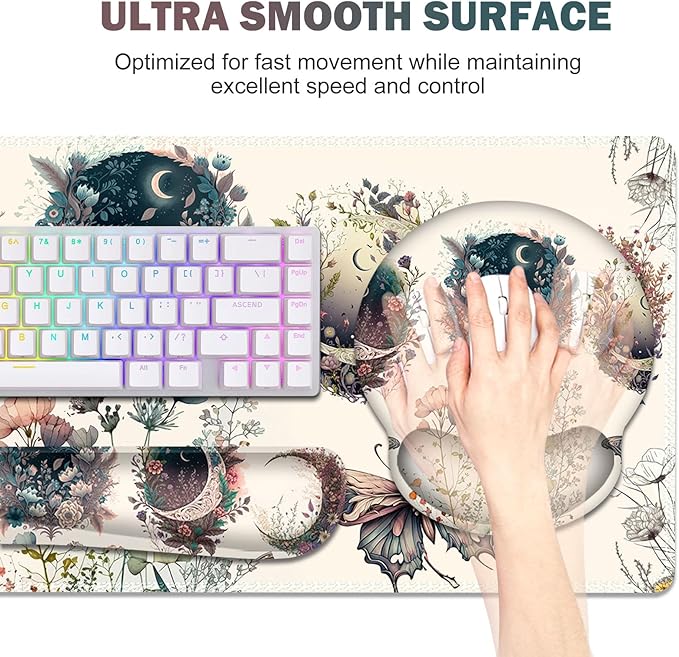 Large Desk Mat, Cute Boho Plants Mouse Pad, Apricot Desk Pad, XXL Mousepad + Keyboard Wrist Rest+Mouse Wrist Rest+Coaster Desk Pad for Girl Women Home Office Decor Aesthetics, Floar Butterfly Moon