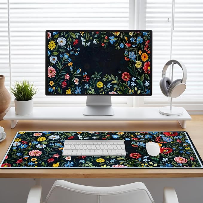 Desk Mat, Large Mouse Matt for Desktop, Women Deskpad Mat, XXL Big Mouse Pad for Desk, Anti-Slip Mousepad with Stitched Edges, Keyboard Pad Mouse Mat Cover for Computer 35.4×15.7 in, Bright Flower