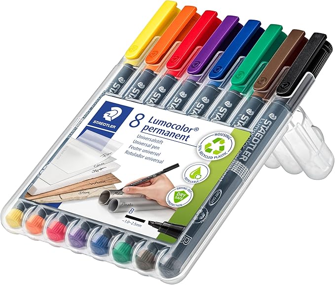 STAEDTLER Lumocolor Universal Pen, Broad Chisel, Felt Tip, Permanent Marker, Box of 8 Assorted Color Pens, 2.5mm 314 WP8