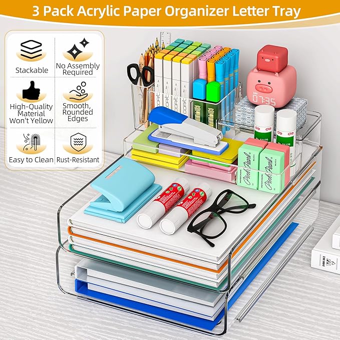 Paper Organizer Letter Tray - Acrylic Stackable Desk File Organizer with 5-Gird Tray and Pencil Holder, Clear File Organizer for Desk, Office Organizer for File Paper, Ipad, Letter, Small Item Etc