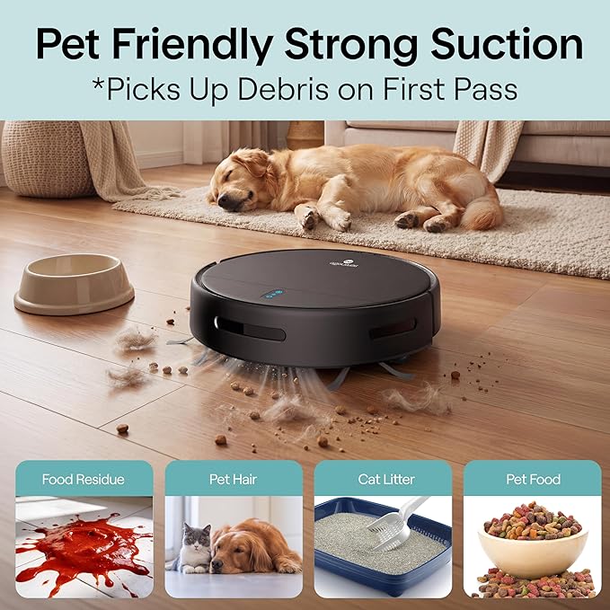 SereneLife Smart Robot Vacuum Cleaner and Mop Combo, App Control, 3 Cleaning Modes, Anti-Fall Sensors, Self-Charging, High Suction Ideal for Pet Hair, Carpet and Hard Floors, Black