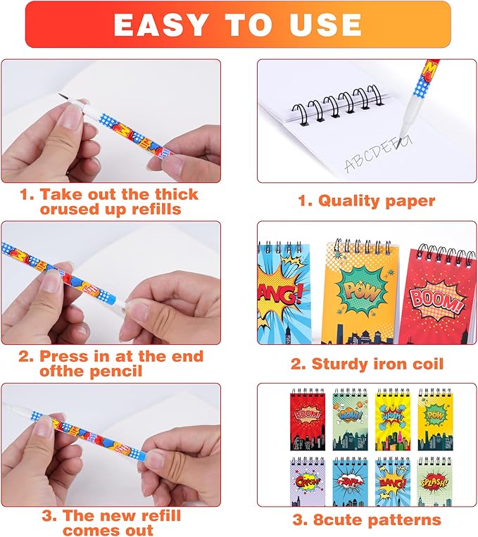 Kolewo4ever 48 Pieces Hero Text Theme Set:24Pcs Translucent Pencil Multipoint Non Sharpening Stackable Pencils 24Pcs Mini Spiral Notepad Memo Pad Pocket Notebooks