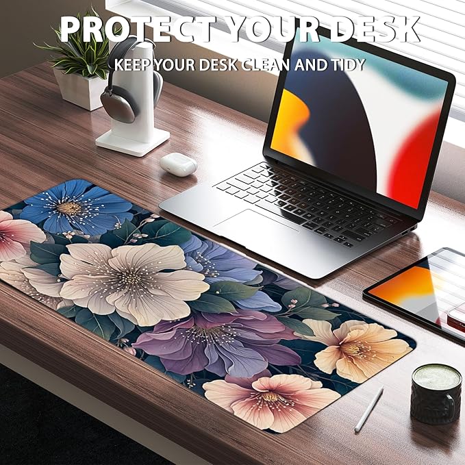 BlueFloral Gaming Mouse Pad, Extra Large Computer Keyboard Mousepad, Flower Mouse Mat Big with Non-Slip Base Stitched Edge, Birthday Gift for Women Men, Long Desk Mat for Home Office 15.7”x 35.4” XXL