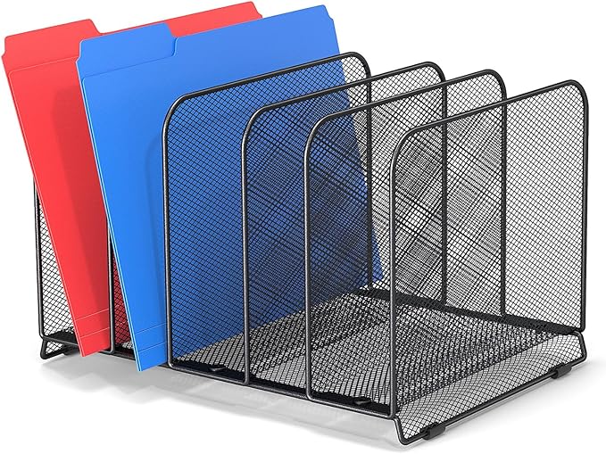 5 Sections Desk File Holder/Rack/Sorter,Mesh File Organizer,File Folder Organizer,Metal Upright Desktop Organization for Documents,Magazine,Kitchenware,Antiskid,Antirust,Sturdy,1 Pack