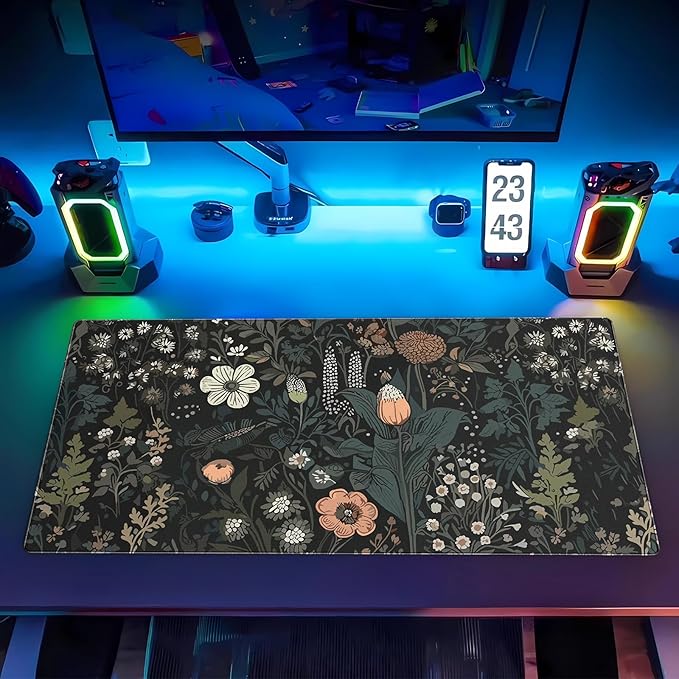 Dark Floral Desk Pad Mat, Extended XL Large Gaming Mousepad with Stitched Edges, Non-Slip Computer Mat Pad for Desk, Keyboard and Mouse mat 31.5 x 15.7 in