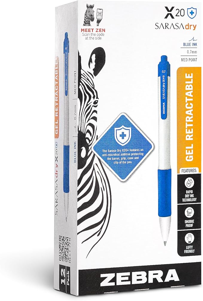 Zebra Pen Sarasa Dry X20+ Retractable Gel Pen, Plastic Barrel with Protective Coating, Medium Point, 0.7mm, Blue Ink, 12-Pack (41620)